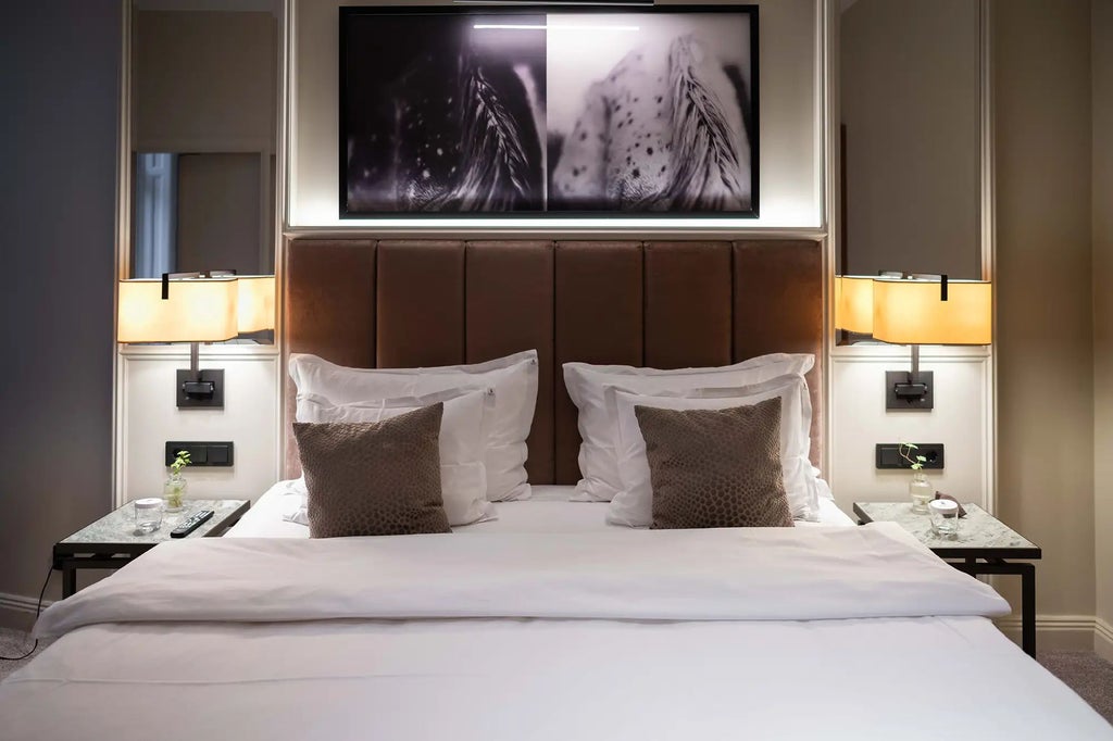 Elegant modern hotel suite with neutral color palette, featuring sophisticated king bed, designer furniture, floor-to-ceiling windows overlooking urban landscape