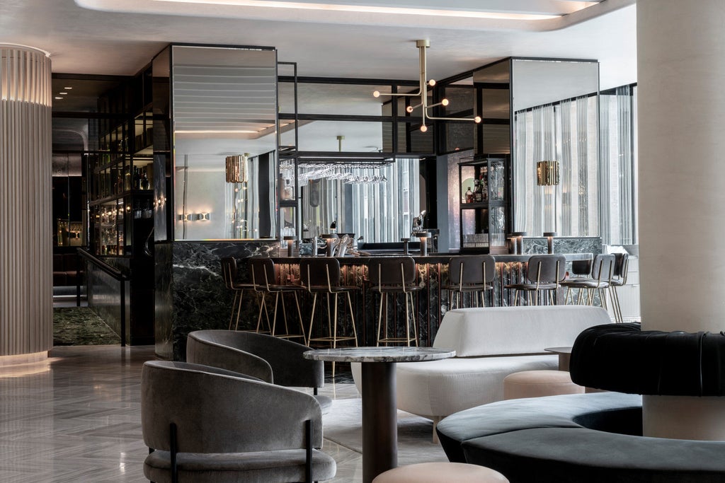 Elegant grey stone facade of Four Seasons Montreal hotel with floor-to-ceiling windows, modern lighting and sleek entrance canopy