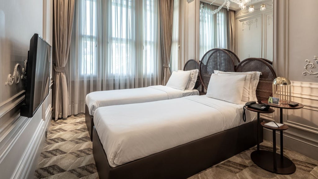 Elegant modern hotel room with panoramic city views, plush white bed, minimalist design, and warm neutral color palette overlooking urban landscape