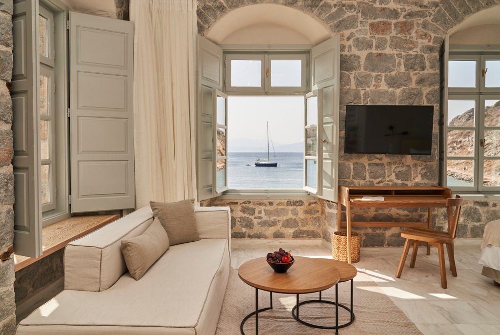 Elegant seaside suite featuring spacious terrace with panoramic Aegean views, contemporary decor, and luxurious outdoor lounging area