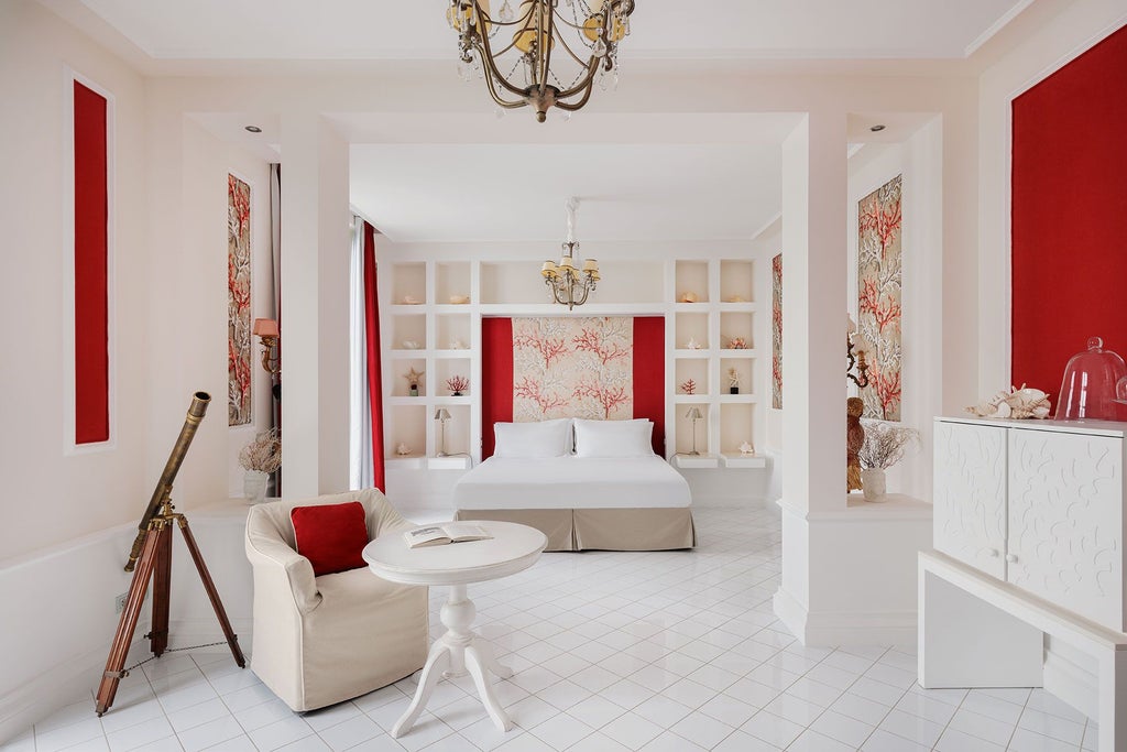 Luxurious coral-themed suite with panoramic Mediterranean views, elegant decor, and plush furnishings at Bellevue Syrene hotel in Sorrento, Italy