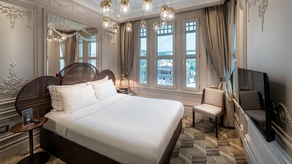 Elegant deluxe hotel room with expansive Bosphorus views, featuring modern minimalist design, plush king bed, and large floor-to-ceiling windows overlooking Istanbul skyline