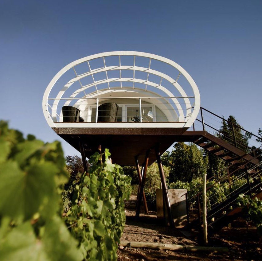 Modern luxury hotel nestled in Mendoza wine country with minimalist architecture, infinity pool overlooking vineyard and Andes mountains