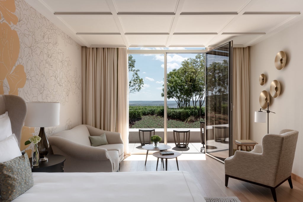 Elegant garden junior suite with king bed, French doors opening to private terrace, and panoramic vineyard views at dusk