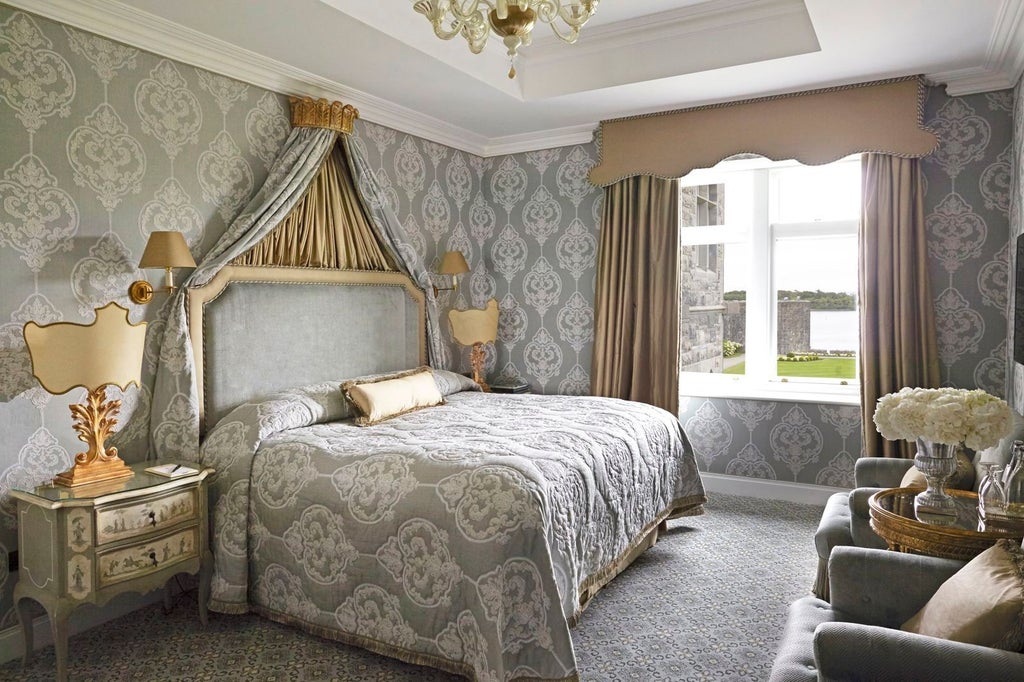 Elegant Lake View Deluxe Room with four-poster king bed, antique furnishings, crystal chandelier and panoramic views of Lough Corrib