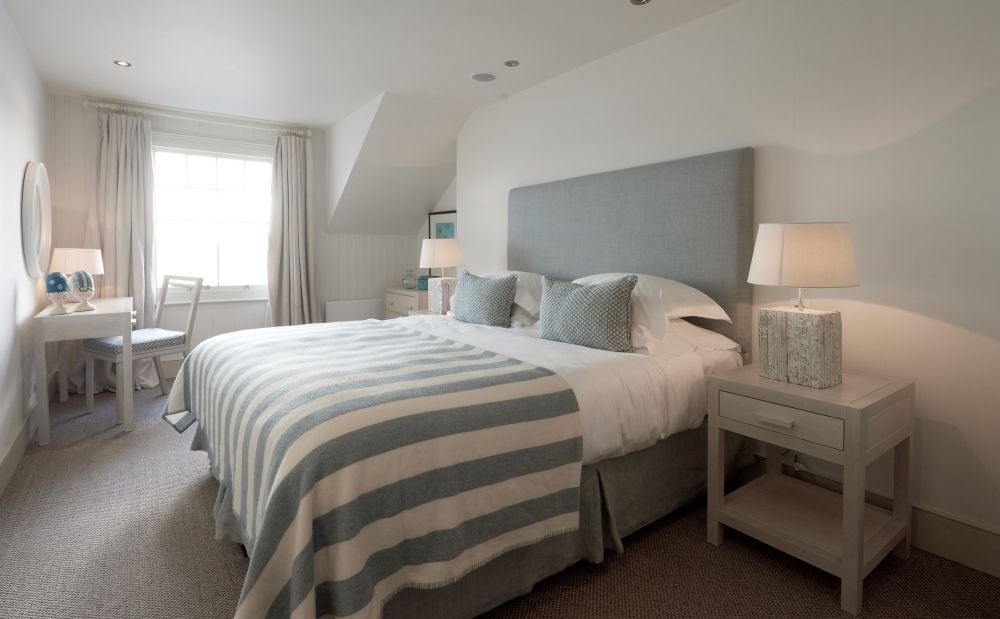 Luxurious deluxe seaview room at scenset hotel, featuring elegant maritime-inspired decor with panoramic coastal views and plush coastal-style furnishings