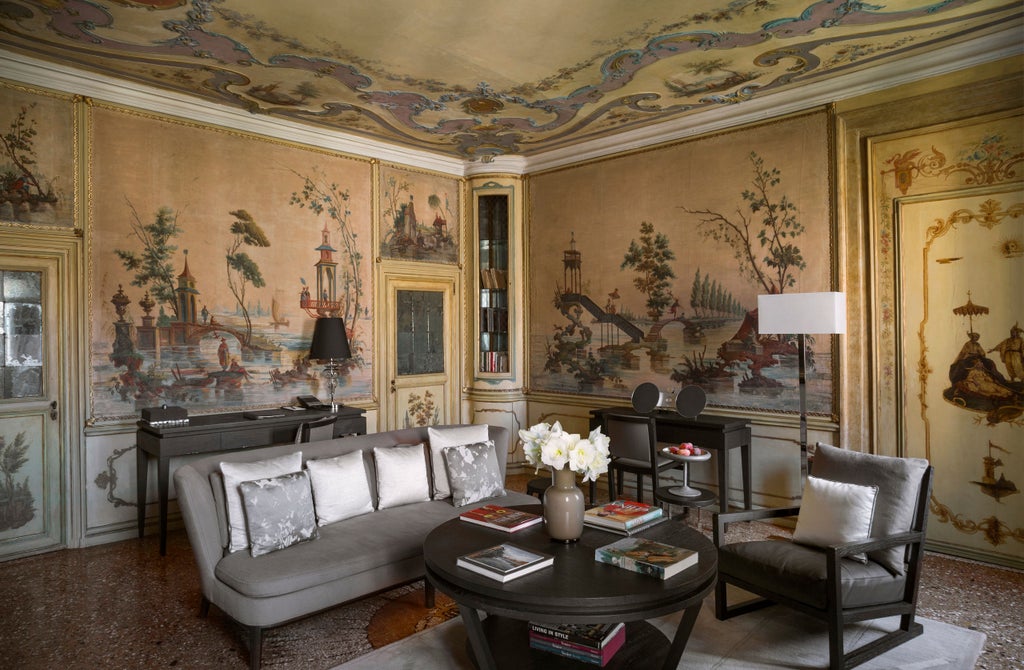 Ornate Venetian palazzo hotel with marble balconies overlooking Grand Canal, featuring Renaissance architecture and gilded details