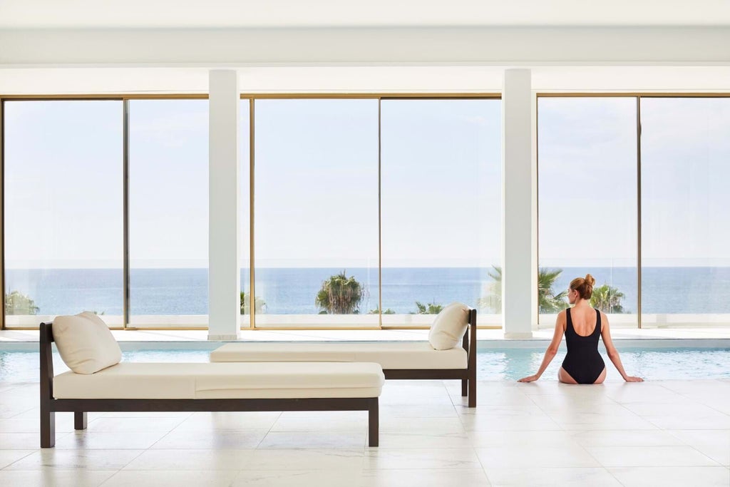 Elegant inland view room at a Cyprus hotel featuring plush white bedding, modern furnishings, and warm wooden accents with natural daylight streaming in