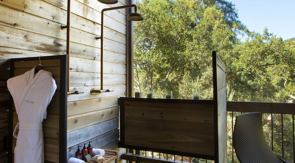 Luxurious forest-view shower suite at Ventana Big Sur, featuring modern design with glass walls overlooking lush California coastal woodland landscape