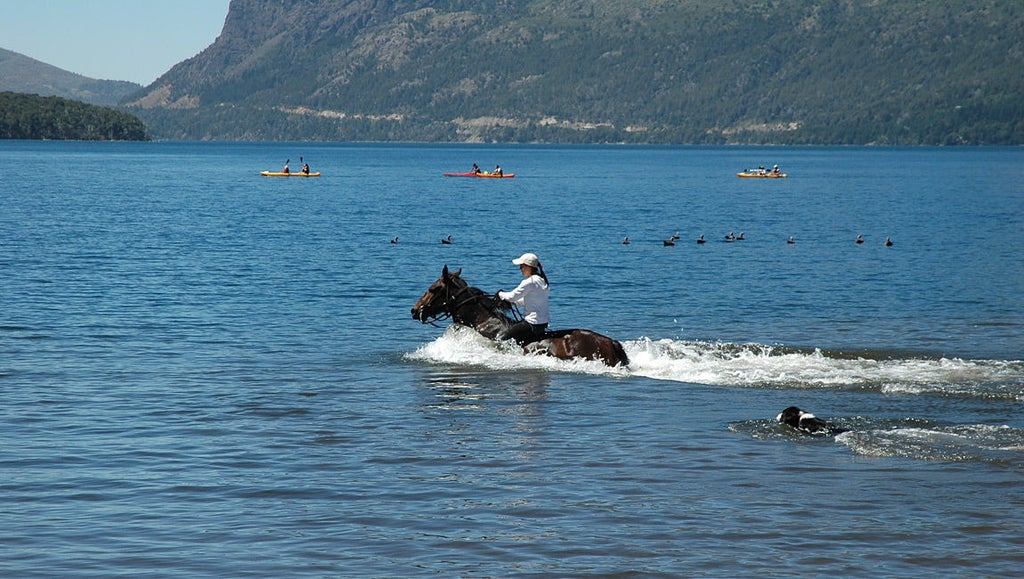 Luxury lakeside lodge with wooden exterior nestled in Patagonian mountains, reflecting on crystal-clear waters at golden hour