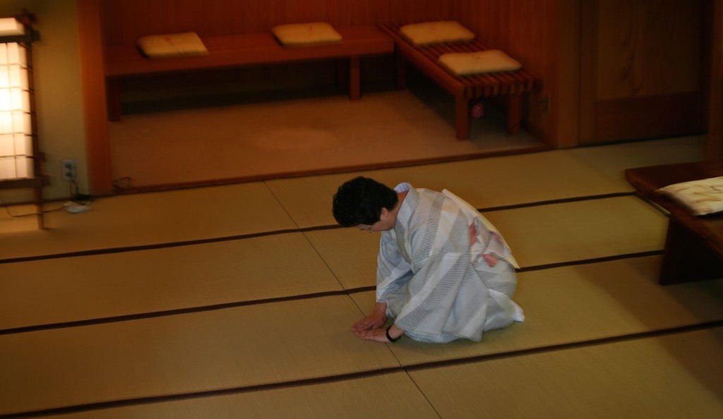 Elegant traditional Japanese ryokan with wooden architecture, soft natural lighting, minimalist design, and serene landscape overlooking lush gardens and mountains