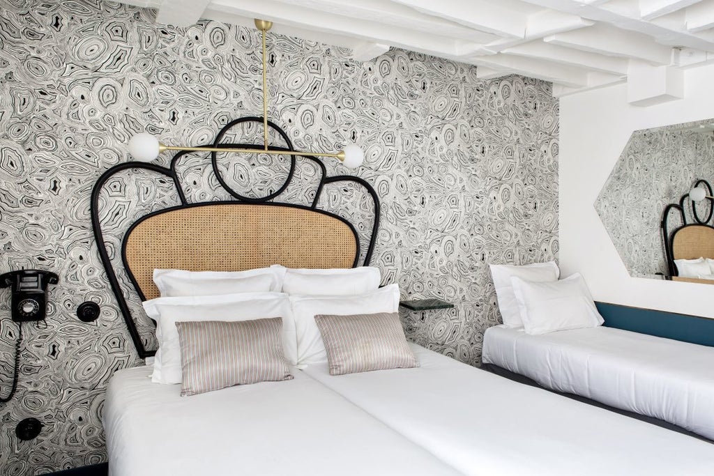 Elegant triple room at Hotel Panache with plush bedding, modern minimalist decor, soft neutral tones, and chic Parisian-inspired design elements