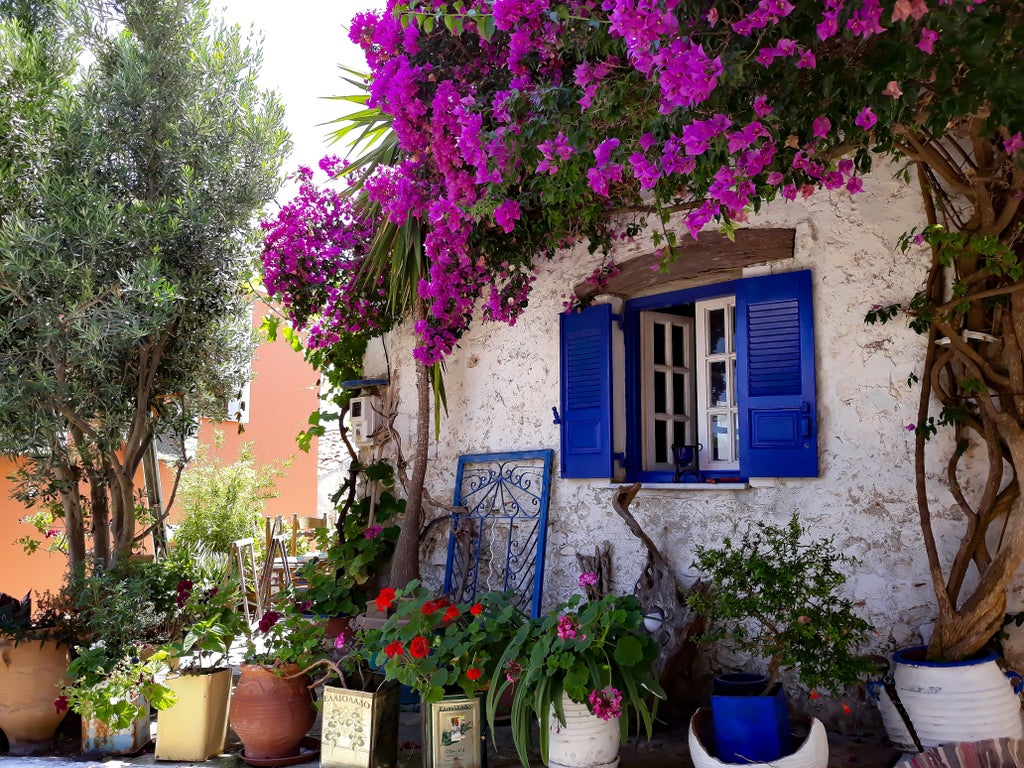 Ancient stone buildings and narrow cobblestone streets of Corfu Old Town, Greece, with vibrant bougainvillea cascading from balconies