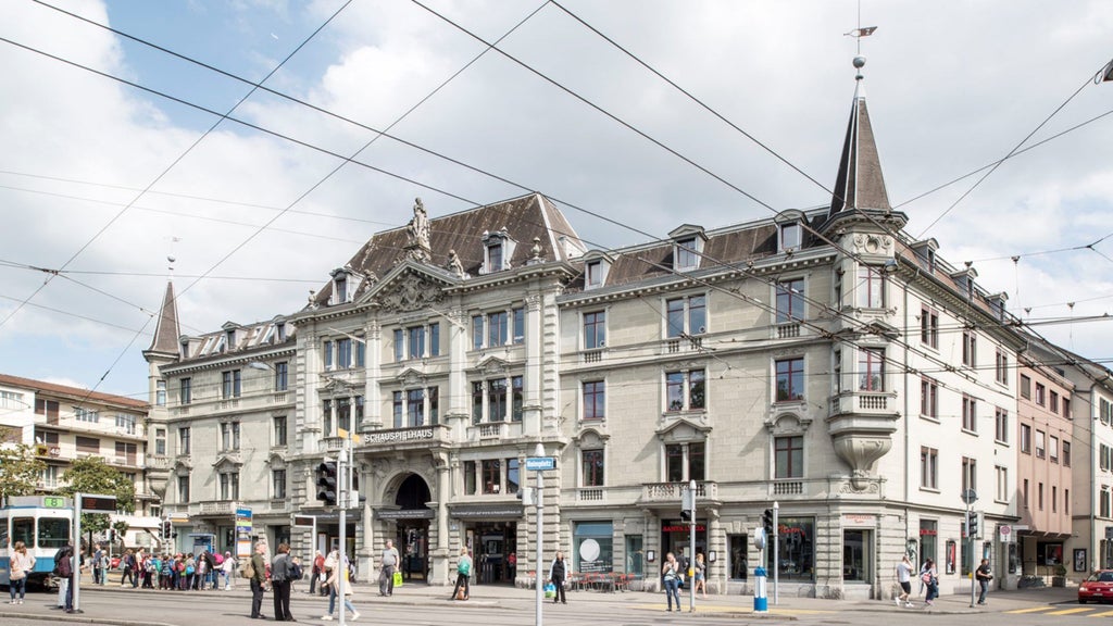 Luxurious lakeside hotel with elegant Swiss architecture, panoramic views of Zurich lake, modern design blending seamlessly with historic charm and alpine landscape