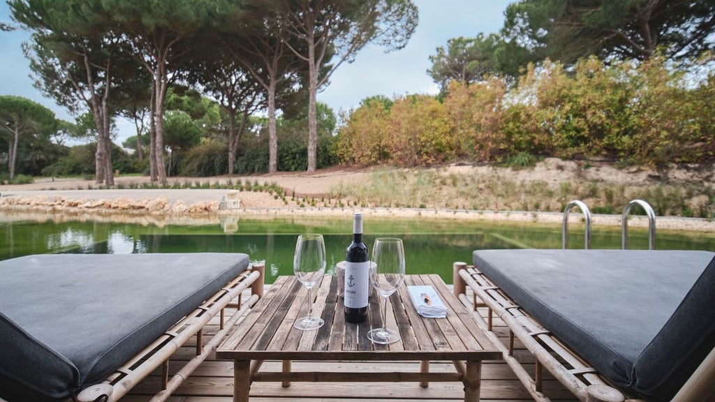 Minimalist luxury hotel nestled in Comporta's coastal landscape, featuring clean architectural lines, natural wood tones, and serene infinity pool overlooking sandy terrain