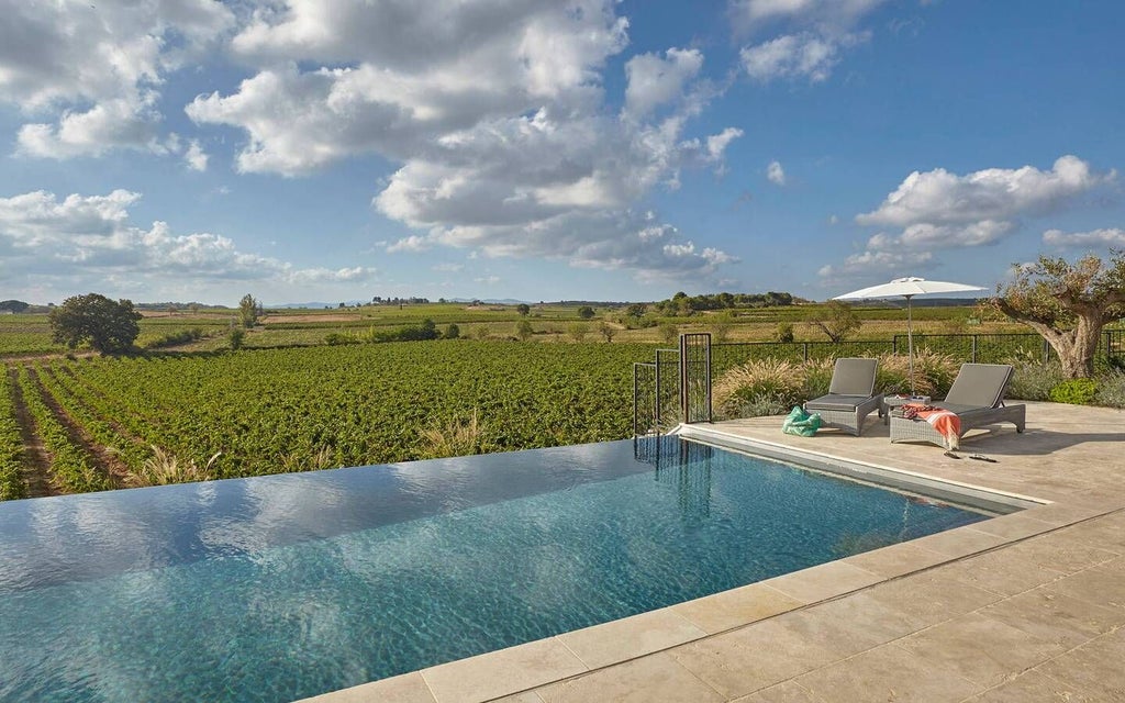 Luxurious French château hotel nestled among rolling vineyards, with elegant stone architecture and lush green landscaping in scenic southern France