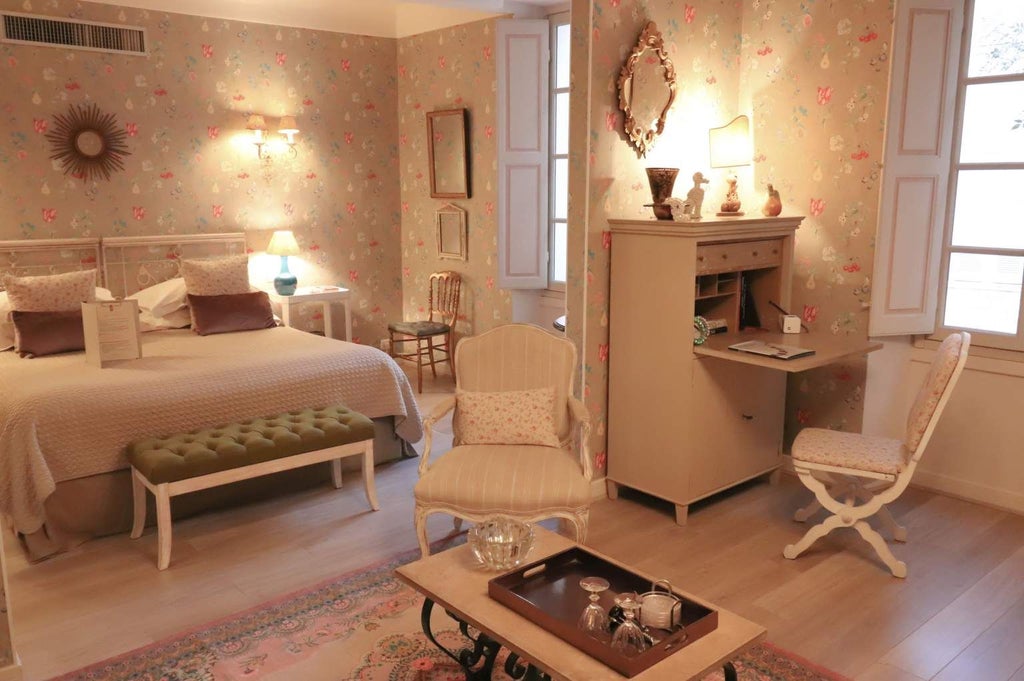 Elegant French hotel suite with plush white bedding, rustic wooden furnishings, and soft natural light illuminating a serene Provençal bedroom interior