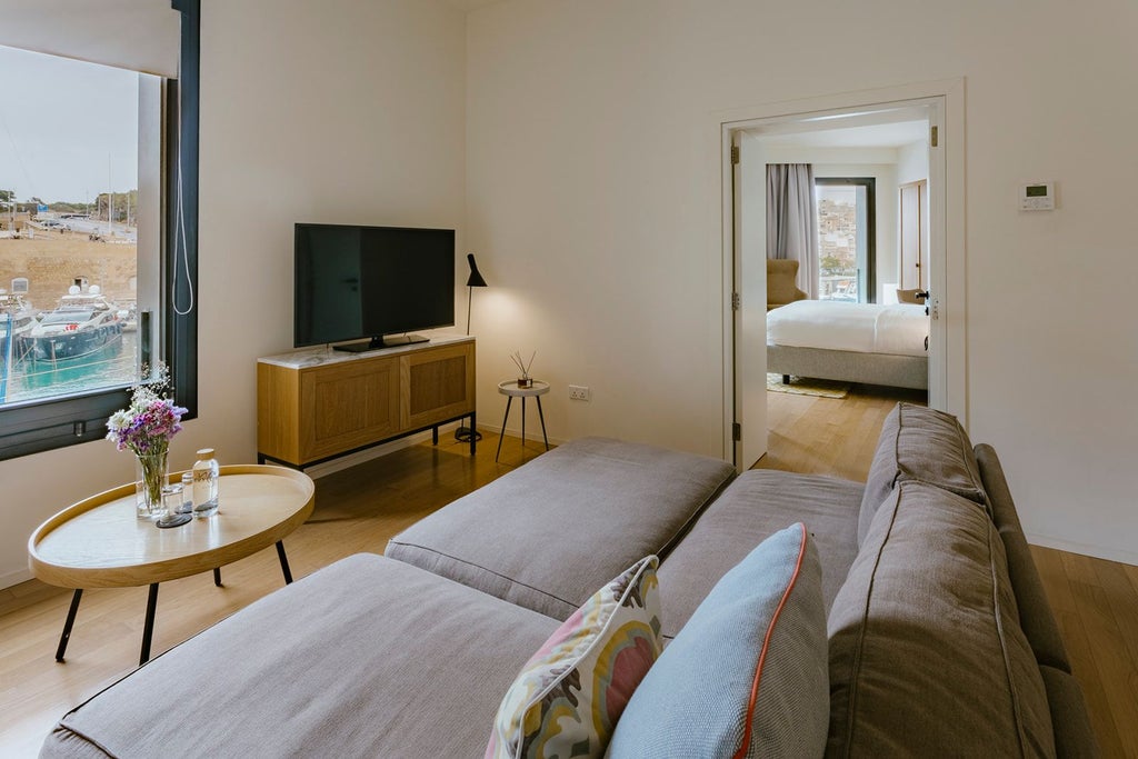 Elegant corner suite with expansive harbour views, featuring minimalist design, floor-to-ceiling windows, and luxurious contemporary furnishings in Malta's Cugó Gran Macina