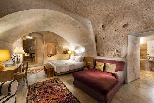 The distinctive cave design of the rooms at Argos in Cappadocia, drawing inspiration from the ancient underground cities