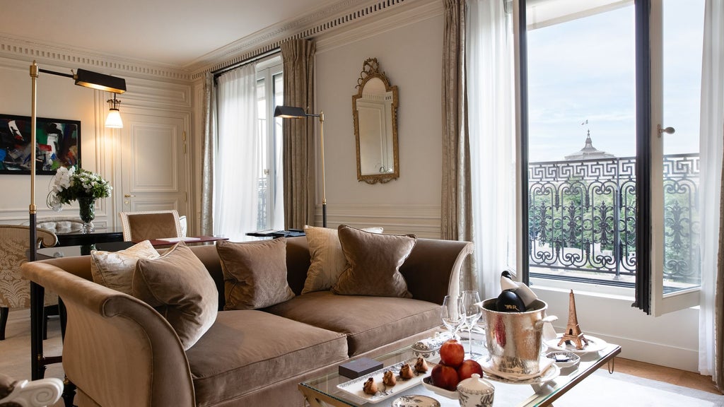 Opulent Parisian hotel suite with panoramic Eiffel Tower view, plush cream furnishings, elegant marble bathroom, and floor-to-ceiling windows bathed in soft light