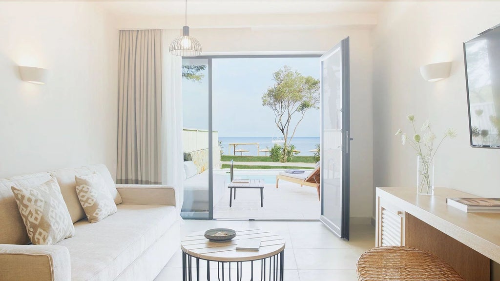 Luxurious beachfront suite at ELIVI Skiathos, featuring minimalist design, crisp white linens, and panoramic views of the Aegean Sea's turquoise waters.