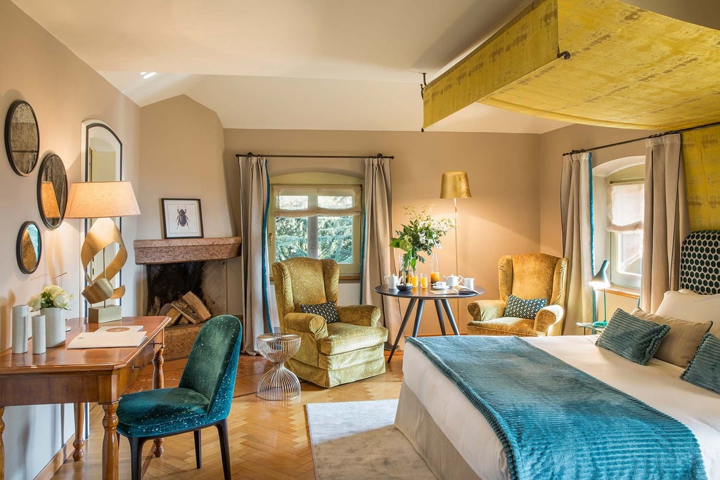 Elegant deluxe hotel room with soft neutral tones, plush bedding, modern Italian design, panoramic vineyard views at L'Albereta luxury resort