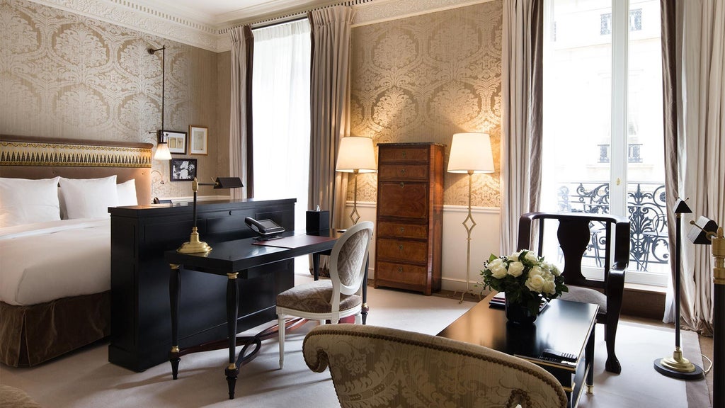 Elegant Parisian prestige junior suite with plush cream furnishings, sophisticated marble bathroom, and city skyline view through expansive windows