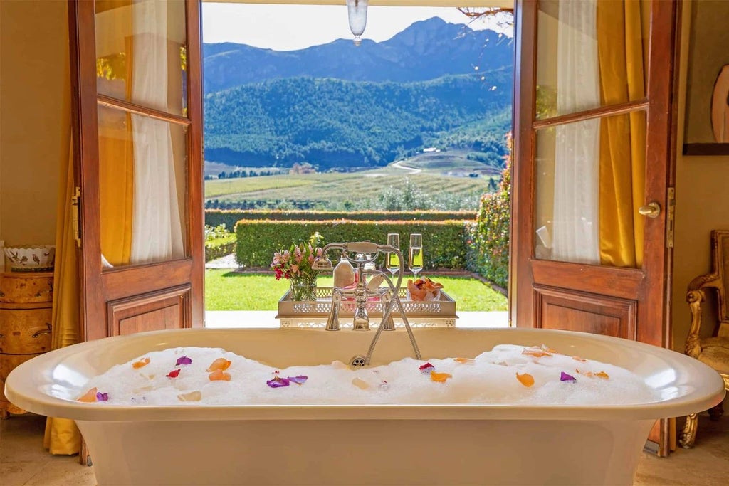 Luxurious boutique hotel nestled in scenic South African landscape, featuring elegant white colonial architecture with lush gardens and mountain backdrop