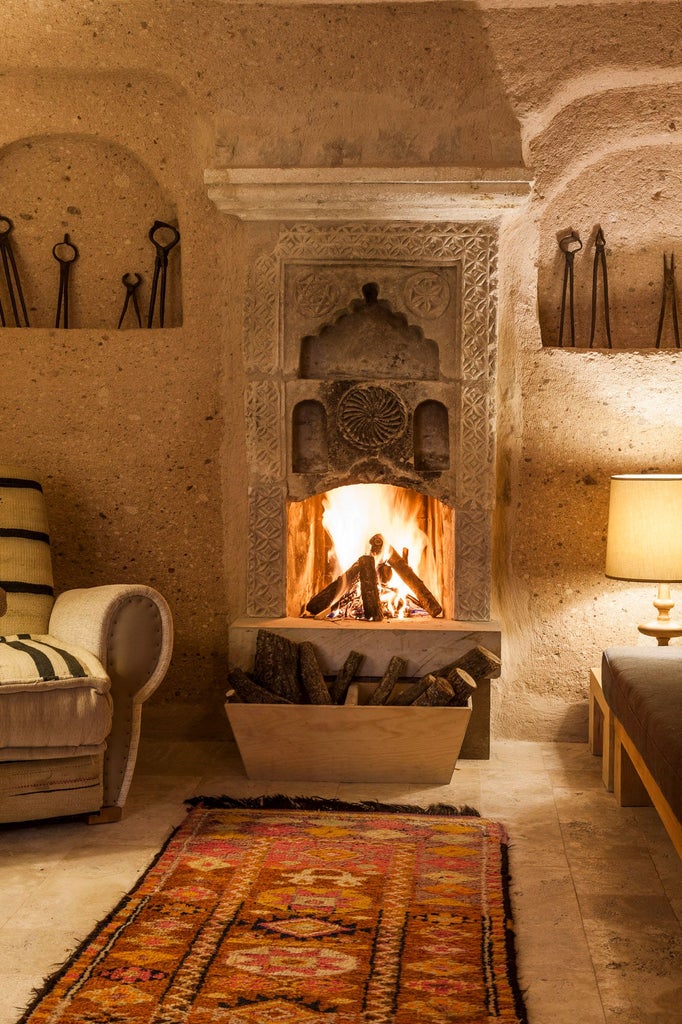 Elegant stone-walled junior suite with plush white bedding, traditional Turkish design, and panoramic windows overlooking Cappadocia's unique landscape