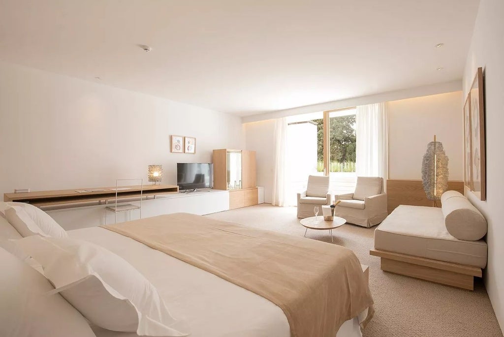 Elegant luxury suite with minimalist decor, soft neutral tones, spacious king bed, modern marble bathroom, and large windows in historic Mallorcan hotel