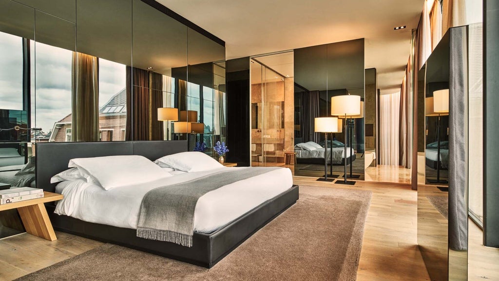 Luxurious penthouse suite with modern minimalist design, floor-to-ceiling windows overlooking Amsterdam's cityscape, elegant neutral tones and designer furnishings