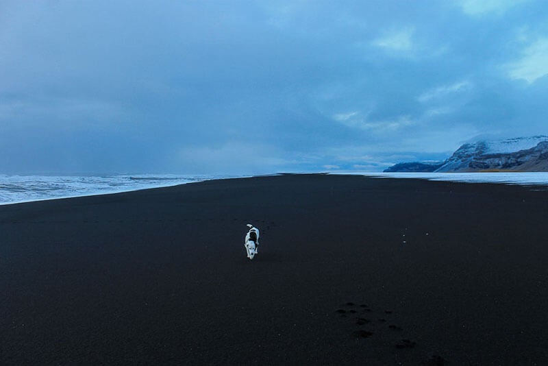 Modern boutique hotel with minimalist black exterior nestled against dramatic Icelandic mountains, reflecting in a serene glacial lake at sunset