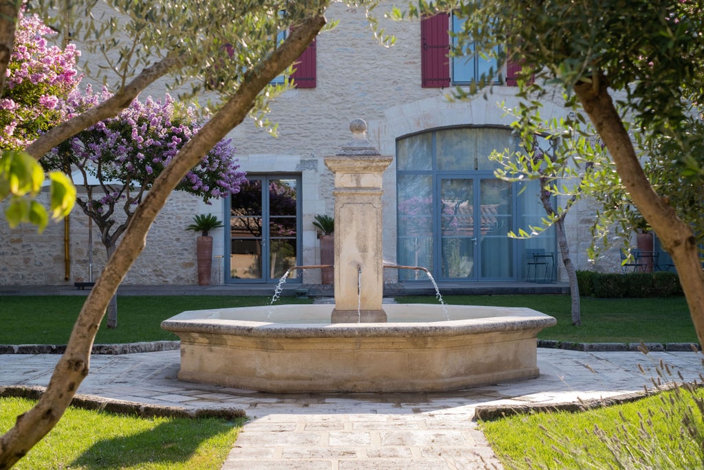 Elegant French chateau hotel with stone facade, surrounded by manicured gardens and vineyards under a bright blue summer sky