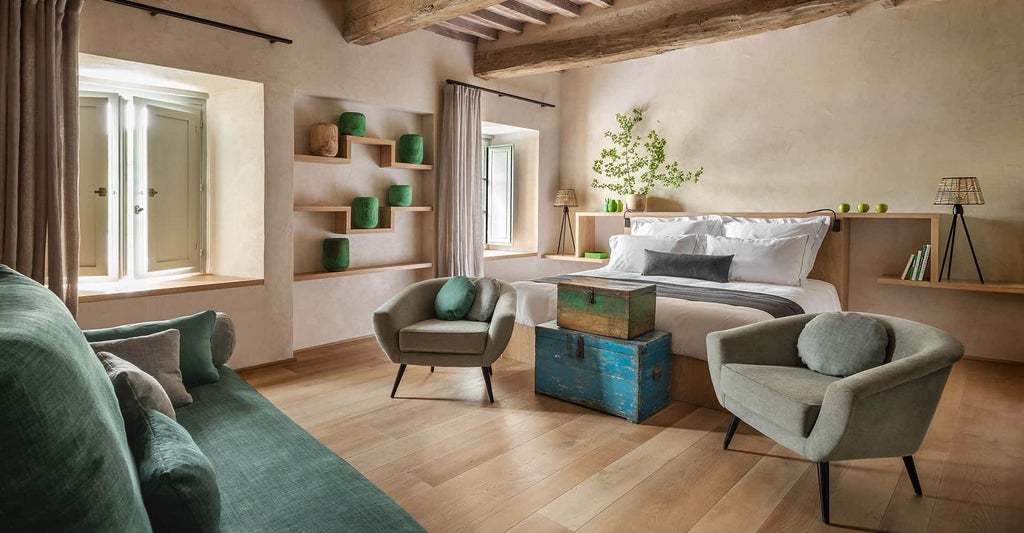 Elegant Italian junior suite at Badia di Pomaio, featuring rustic wooden floors, plush white bedding, and expansive Tuscan countryside views through large windows