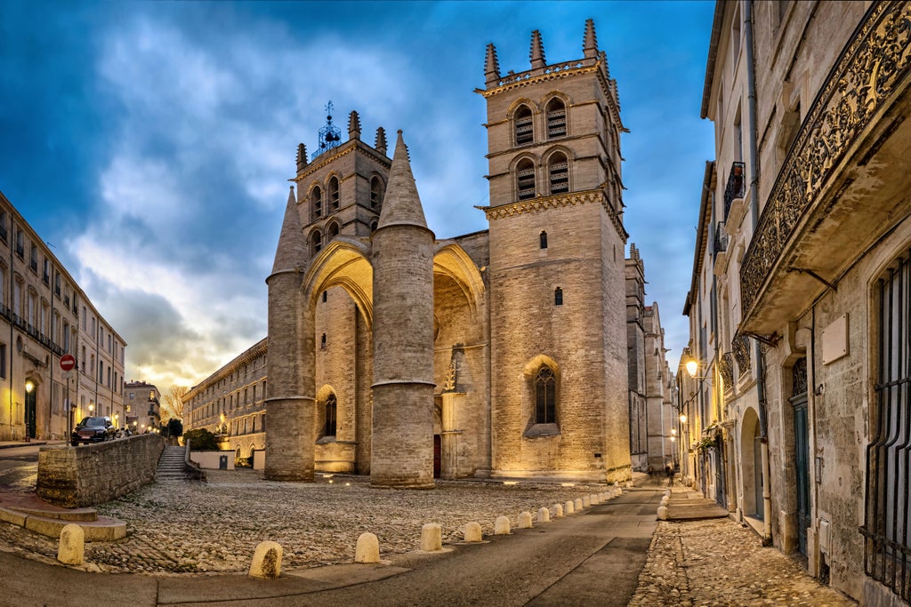 Elegant 19th-century buildings line a historic square in Montpellier, with ornate stone facades and traditional French architecture