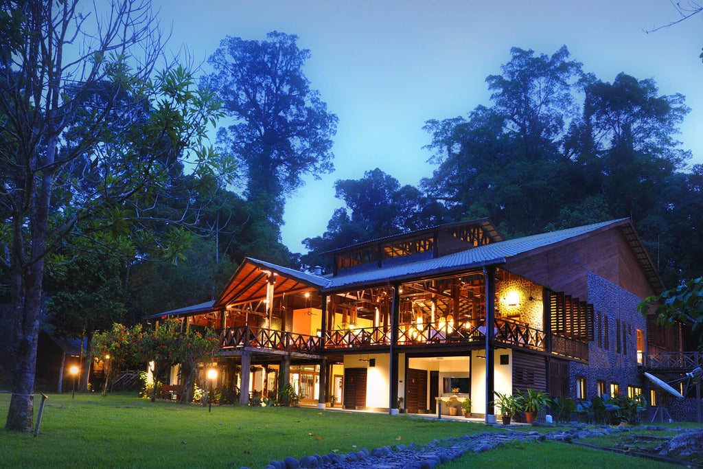 Modern eco-lodge perched on stilts over lush rainforest, featuring wooden walkways and balconies with panoramic jungle canopy views