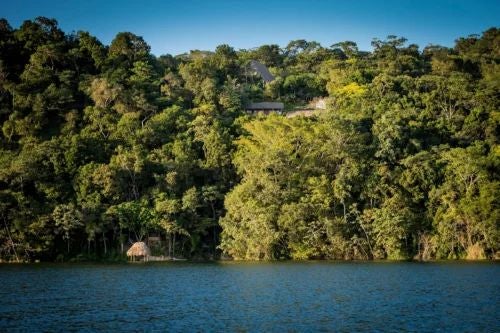 Luxurious Argentine hotel room with rustic wooden furniture, white bedding, and large windows overlooking lush green tropical landscape at Jardin Escondido