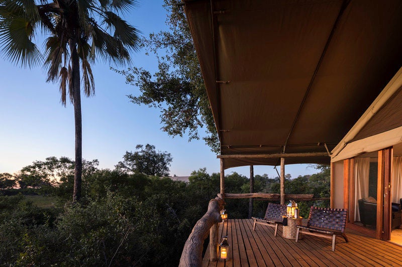 Elevated luxury treehouse suite at Little Tubu, featuring wooden walkways, canvas walls and panoramic views of Botswana savanna