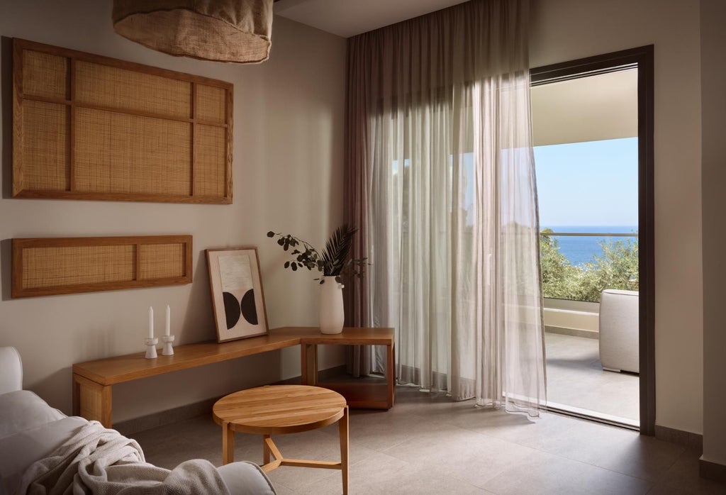 Luxurious white-washed Greek villa bedroom with panoramic Aegean Sea view, minimalist design, and elegant wooden furniture at sunset