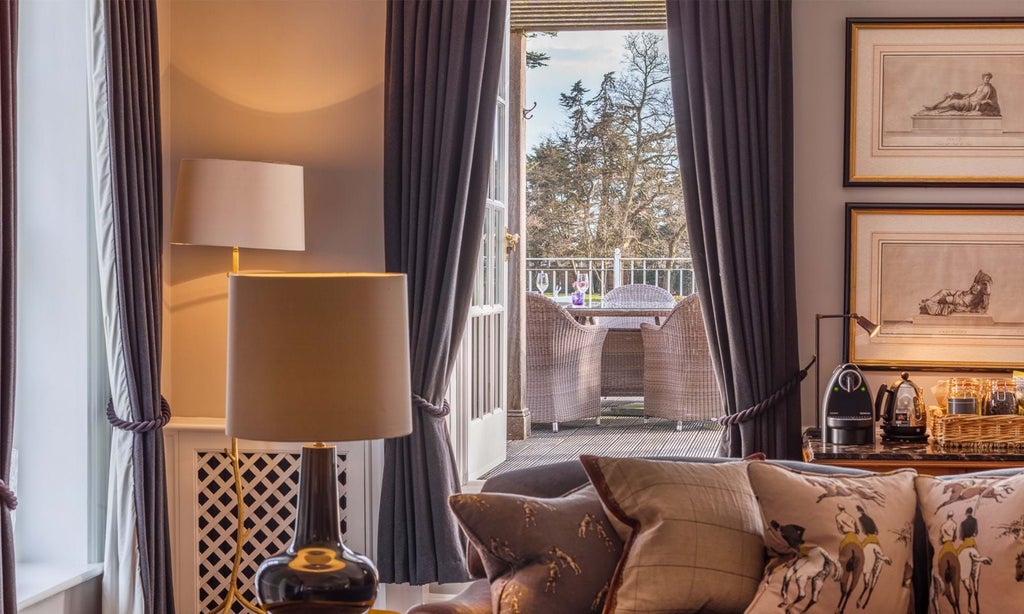 Luxurious hotel suite with elegant wood furniture, plush king bed, panoramic countryside views, and sophisticated neutral color palette at Scenset Glen Hotel & Spa