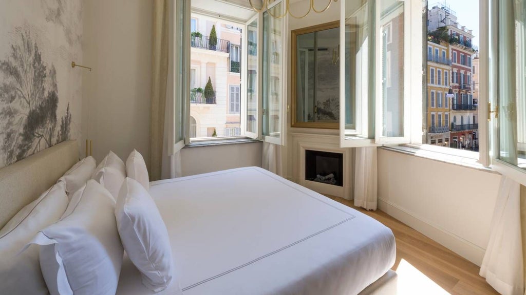 Luxurious corner spa suite with modern Italian design, plush white bedding, elegant marble bathroom, and soft natural lighting in Rome's boutique hotel