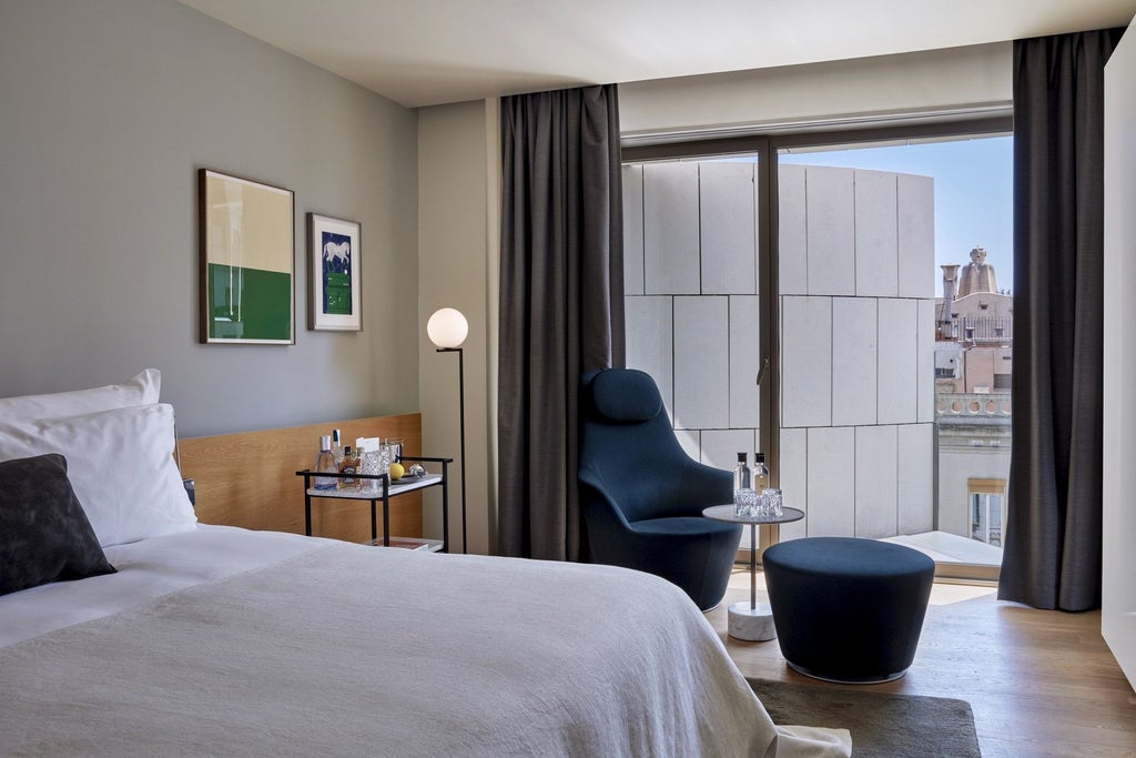 Elegant modern hotel room with minimalist design, sleek wood furnishings, panoramic urban view, and luxurious white bedding at Sir Victor hotel in Barcelona