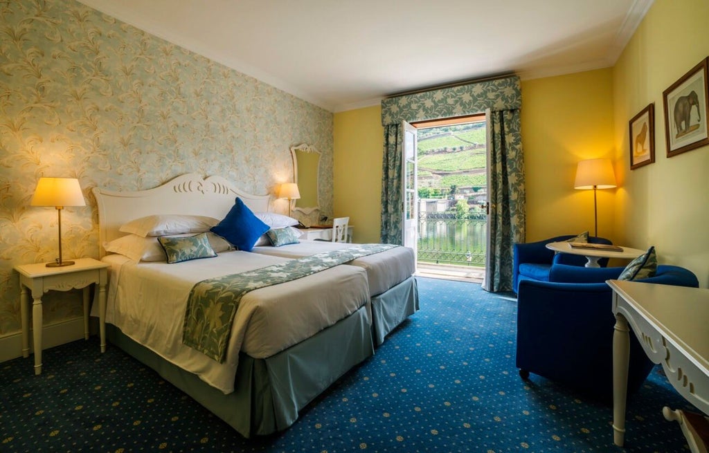 Elegant standard room with warm wood furnishings, crisp white linens, and soft ambient lighting in a vintage-inspired Portuguese hotel setting