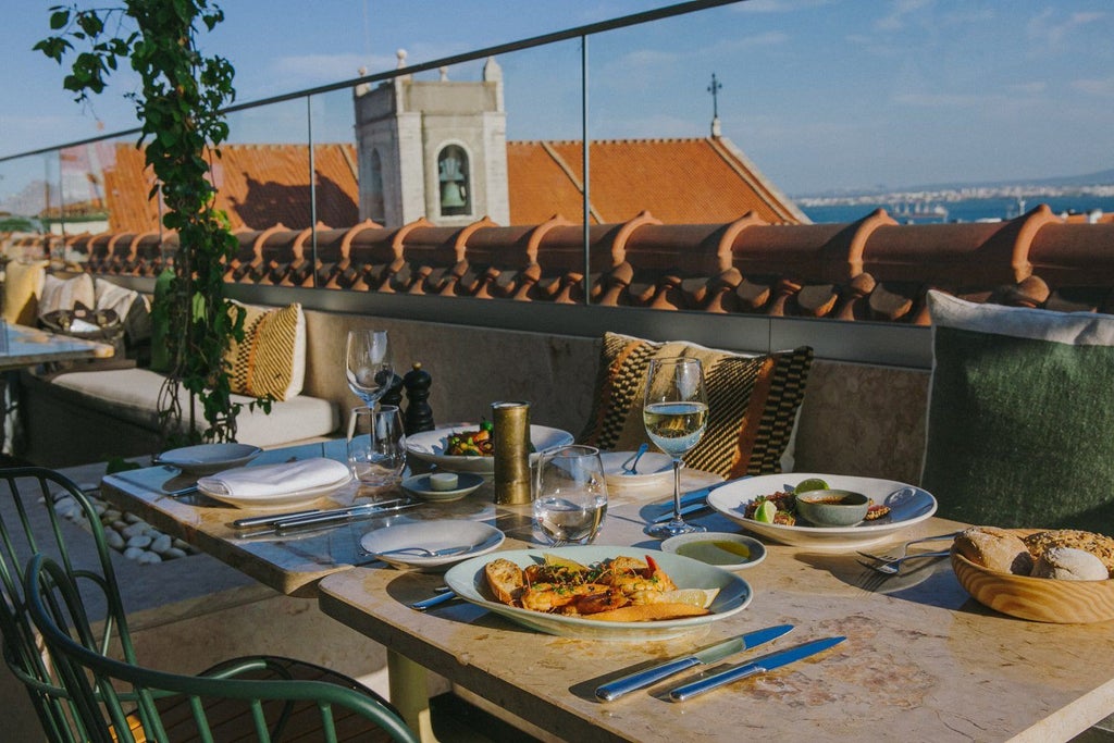 Luxurious white and blue boutique hotel nestled in historic Lisbon, with elegant balconies, traditional Portuguese architecture, and warm sunlight.