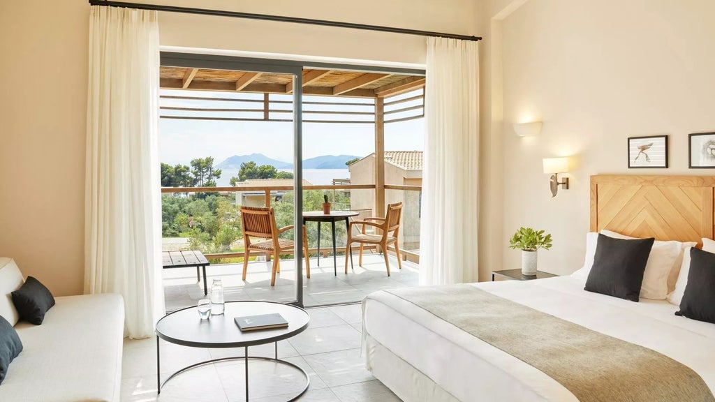 Elegant upper floor double supreme deluxe room at ELIVI Skiathos, featuring minimalist design, crisp white linens, and panoramic sea view through expansive windows.