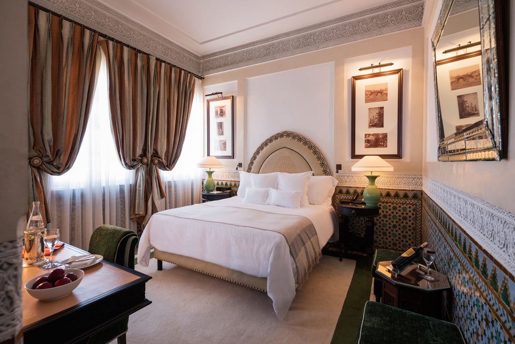 Luxurious Moroccan palace hotel with ornate arches, vibrant gardens, traditional geometric tiles and elegant terracotta facade