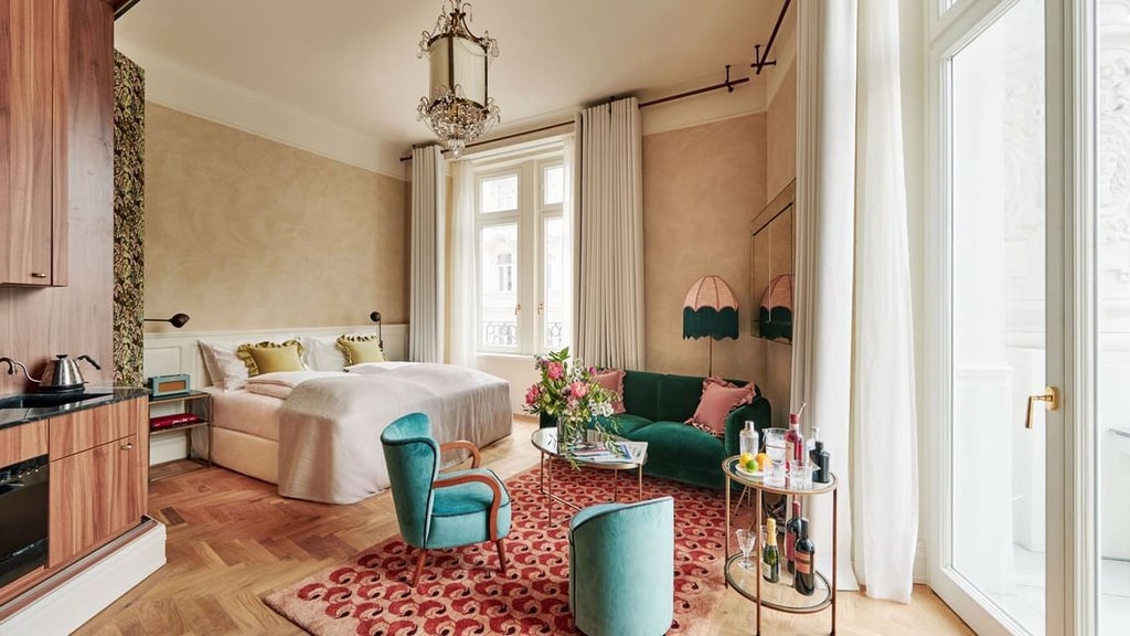 Luxurious junior suite at Hotel MOTTO in Austria, featuring modern minimalist design with warm wood tones, sleek furniture, and elegant city view