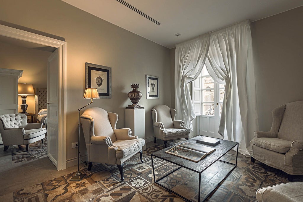 Luxurious grand suite with elegant Italian design, featuring plush white bedding, antique furnishings, and expansive windows overlooking scenic landscape