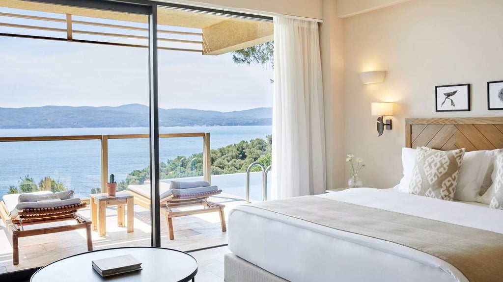 Luxurious interconnected suite with private infinity pool overlooking azure Aegean waters at ELIVI Skiathos, featuring modern minimalist design and elegant Mediterranean styling