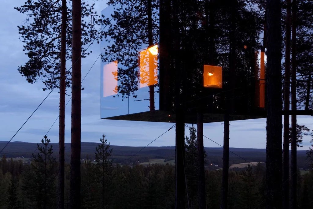 Reflective mirrored cube suspended in forest trees, camouflaged architecture blending seamlessly with surrounding Swedish woodland landscape